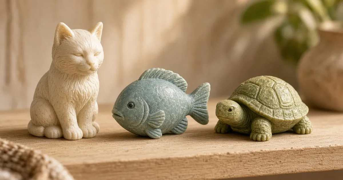 Finished soap cat, fish and turtle carvings displayed together on a shelf