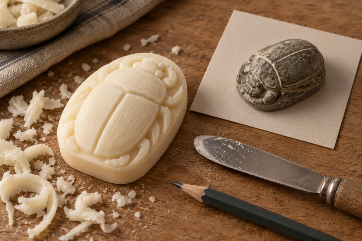 A hand-carved pale soap scarab beside a stone scarab reference, presented as a modern craft project.