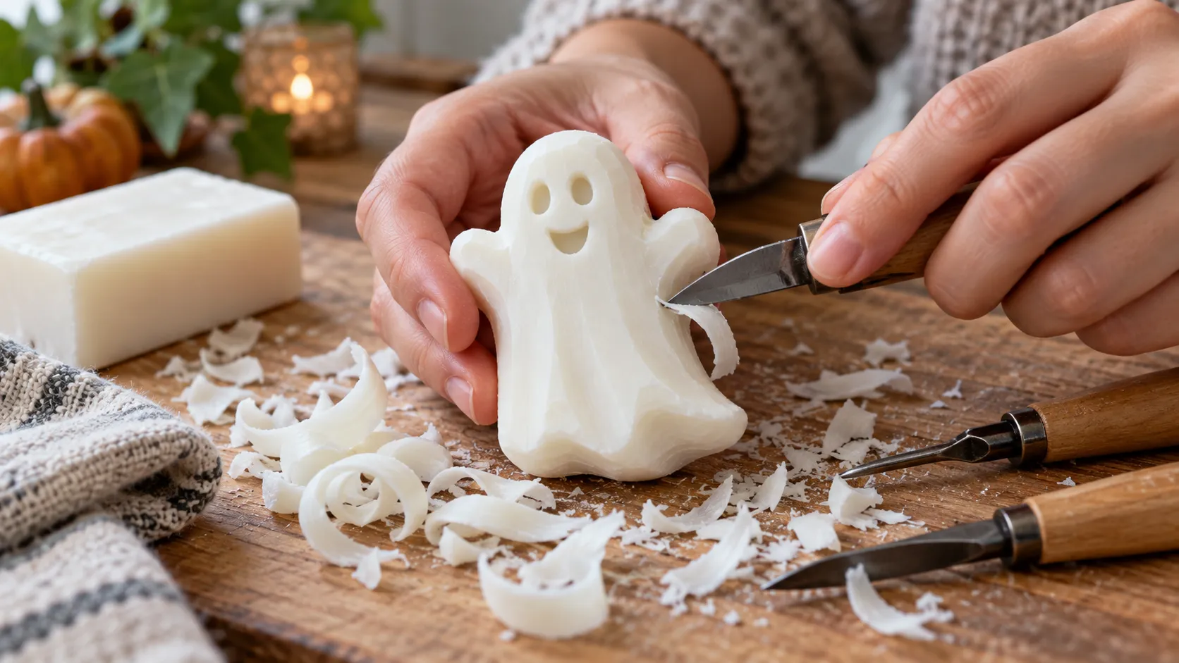 Beginner carves a small friendly ghost from a white bar of soap