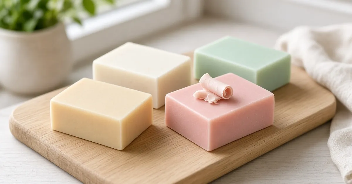 Four plain soap bars with a fresh carving curl on a wooden board