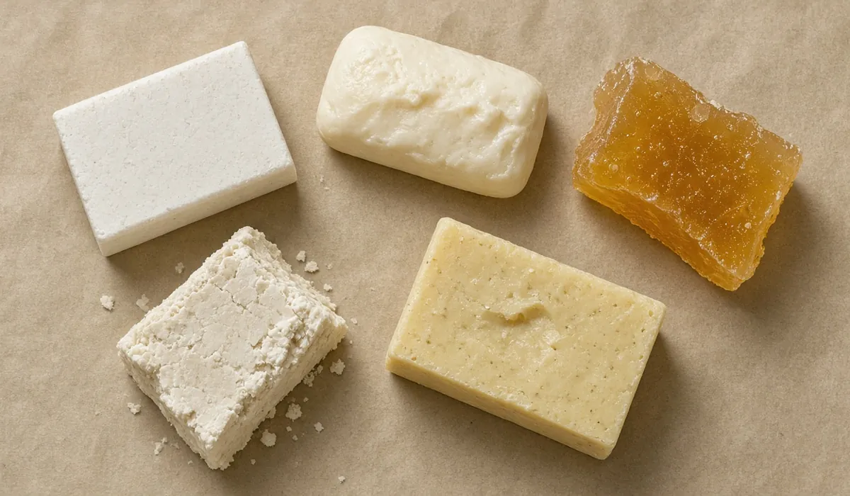 Five soap textures laid out for comparing carving quality