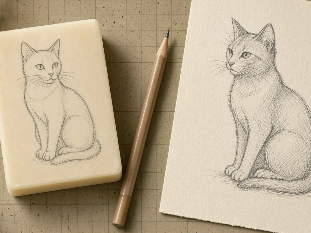 Soap bar with a light pencil cat outline ready to carve