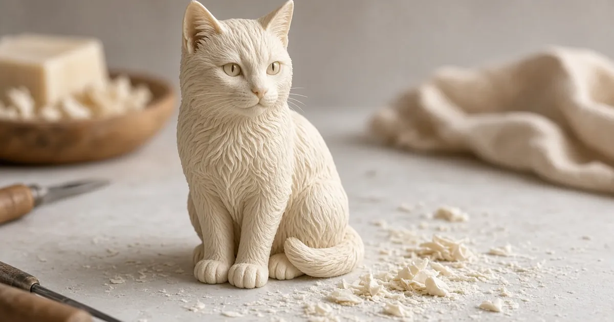 Finished cream soap cat carving on a craft table with light shavings