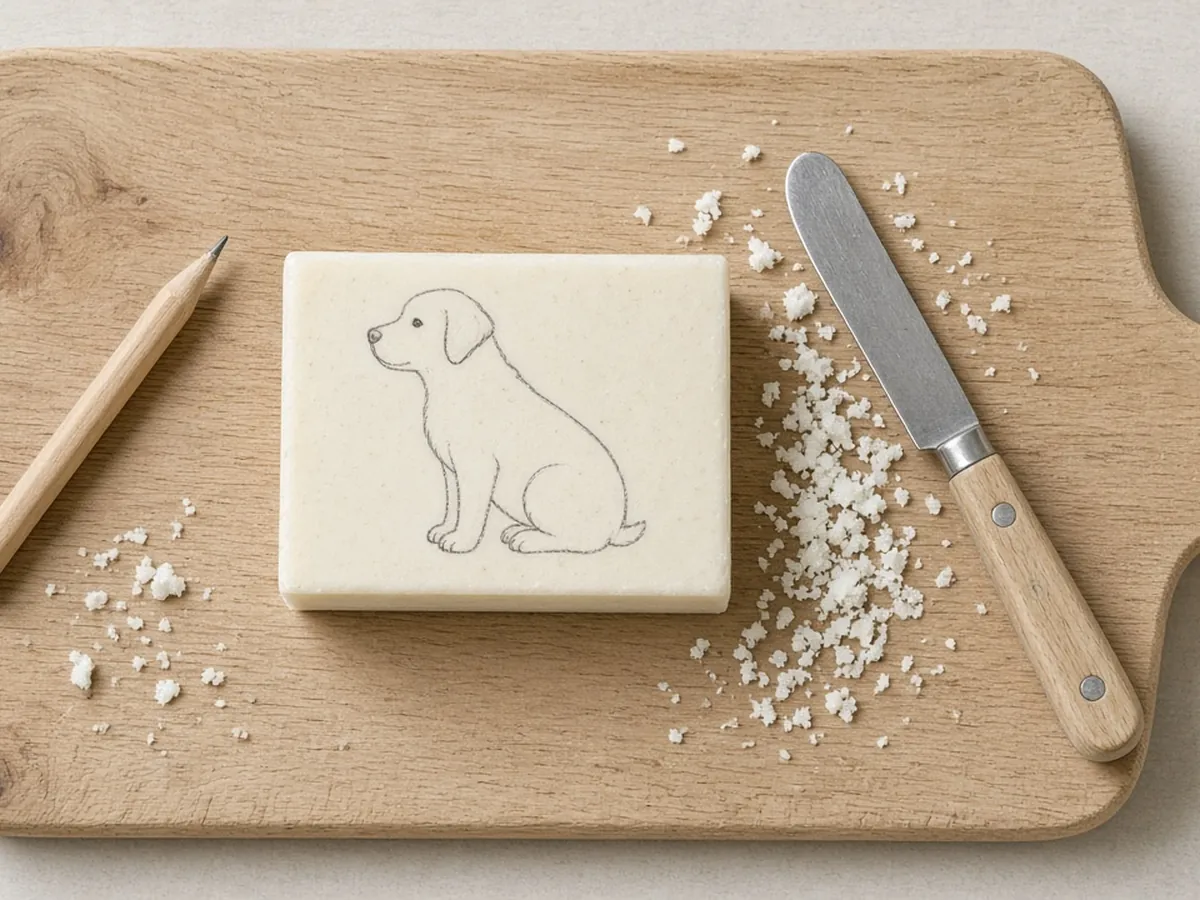 Soap bar with a light pencil outline of a sitting dog ready to carve