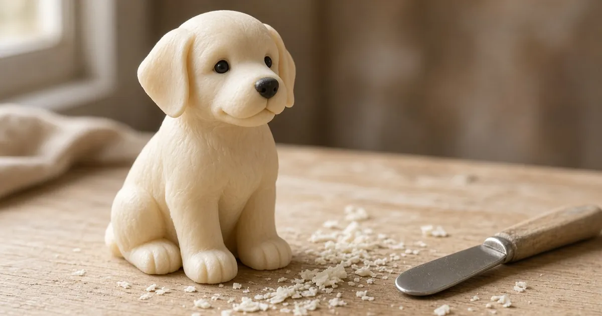 Finished cream soap dog carving sitting on a wooden craft table with soft shavings