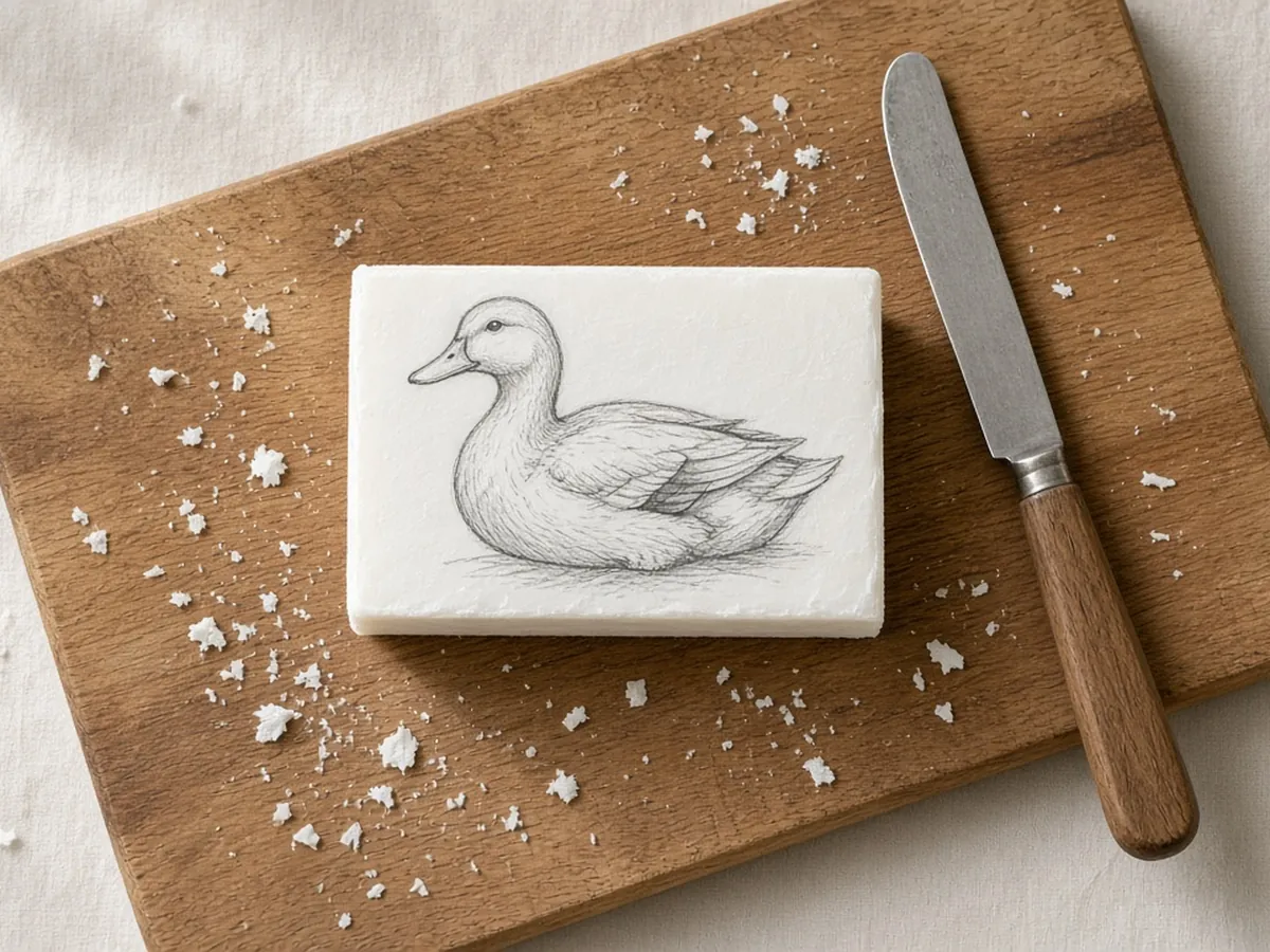 Soap bar marked with a side-profile duck outline before carving