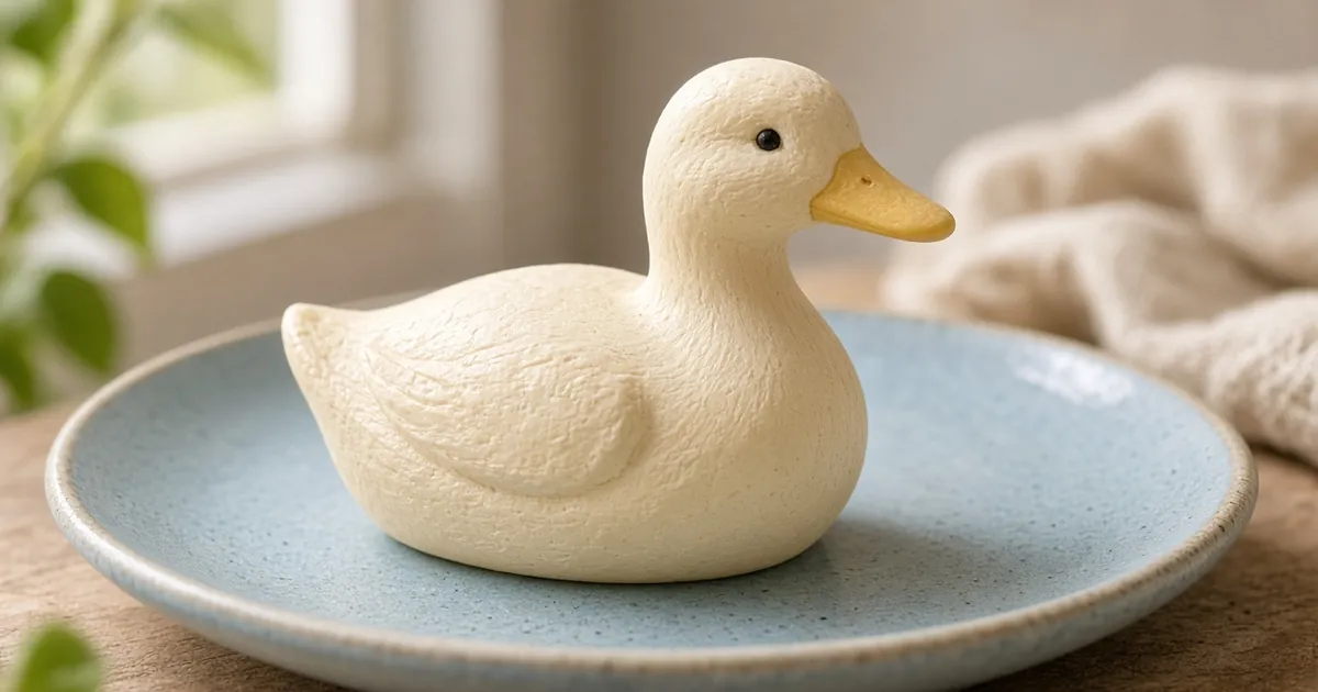 Finished soap duck carving with a broad bill on a ceramic plate