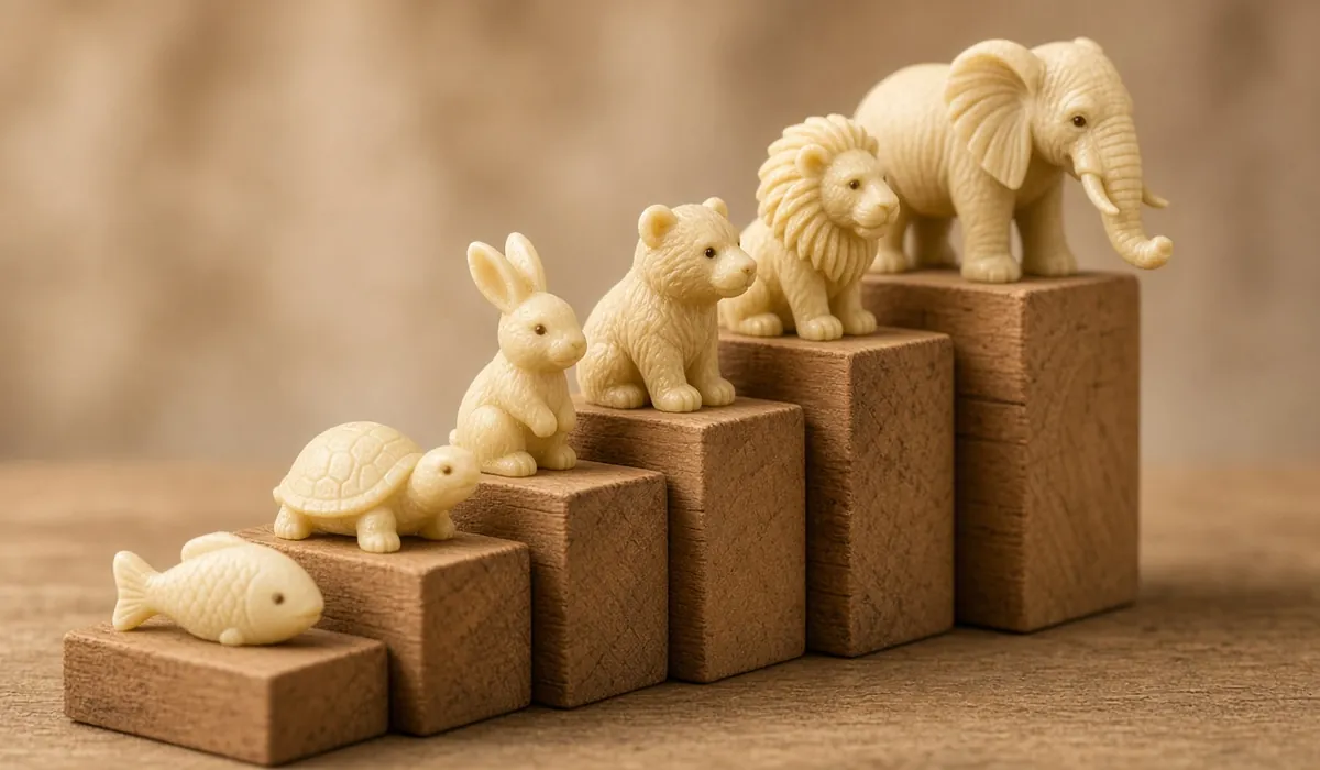 Soap animal carvings arranged from simple to more detailed on wooden steps