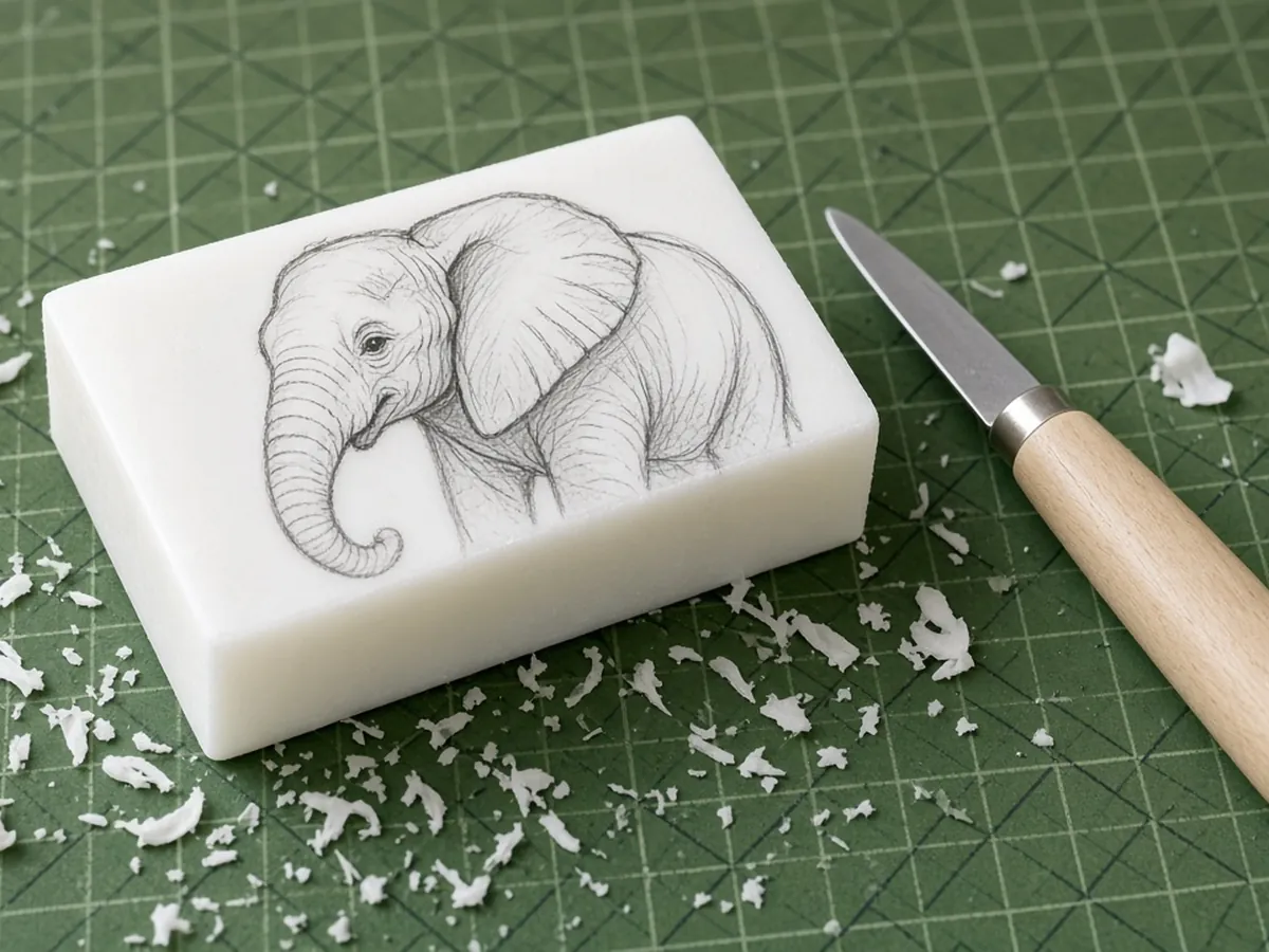 Soap bar marked with a side-profile elephant outline before carving