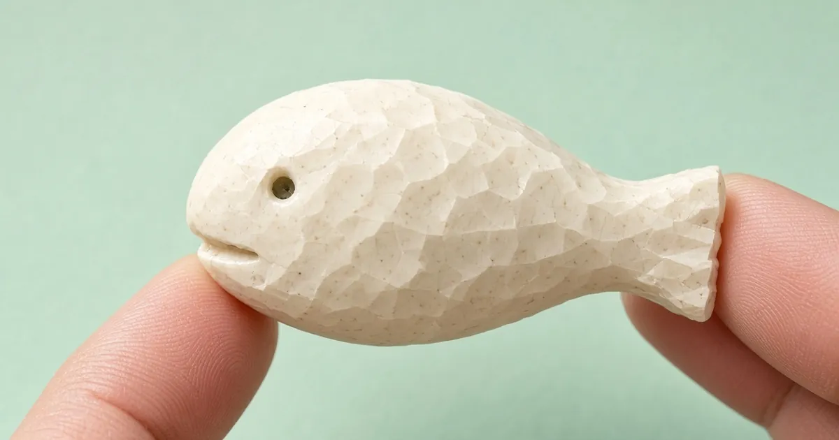 Small finished soap fish carving held between fingertips