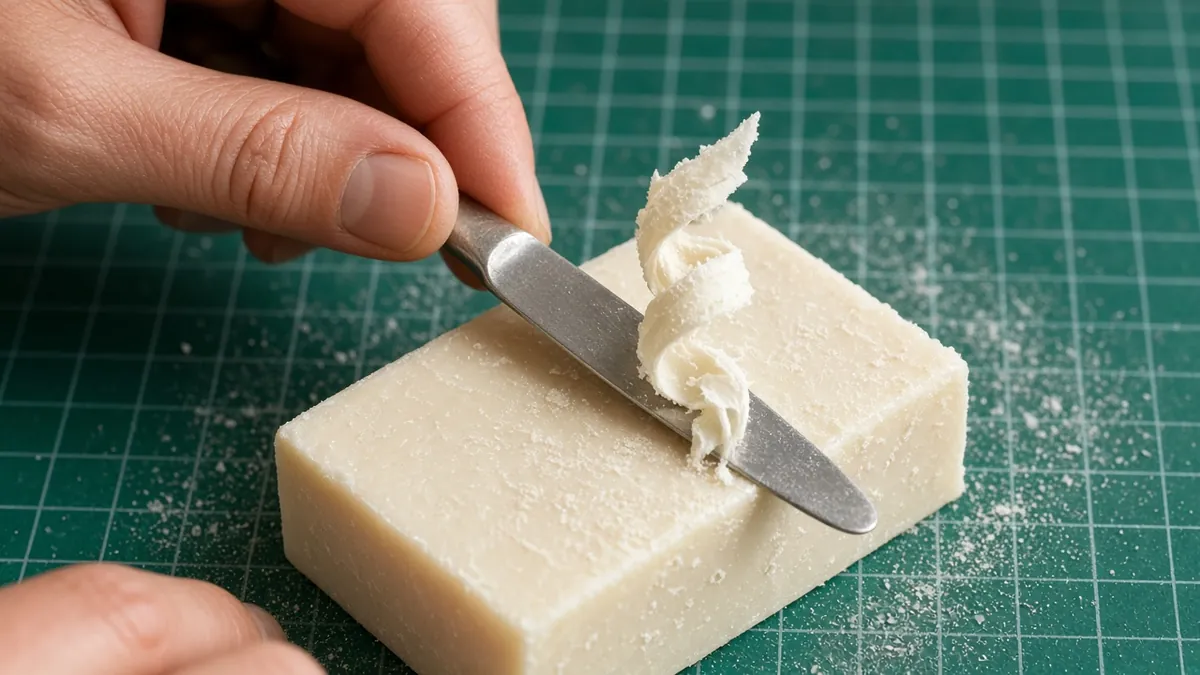 Hand lifting a single soap curl with a knife during the one-curl carving test