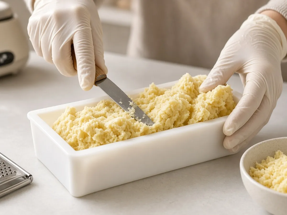 Hands in gloves packing softened grated soap into a silicone loaf mold on a kitchen counter