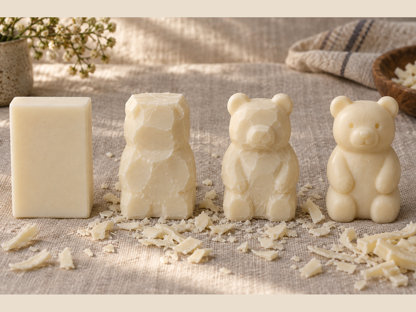Four stages of a bear soap carving: a clean cream bar, a rough bear block, a shaped bear with ears and muzzle, and a finished bear.