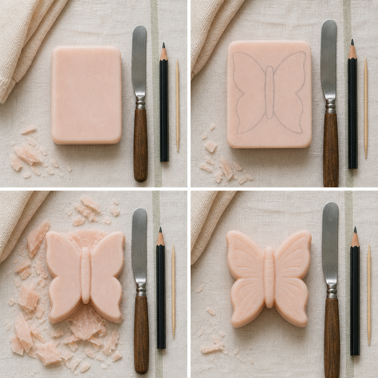 Four photographed stages of carving a pale soap bar into a butterfly: a plain bar, a penciled wing map, a cut silhouette with a raised body, and a finished butterfly with simple wing grooves.