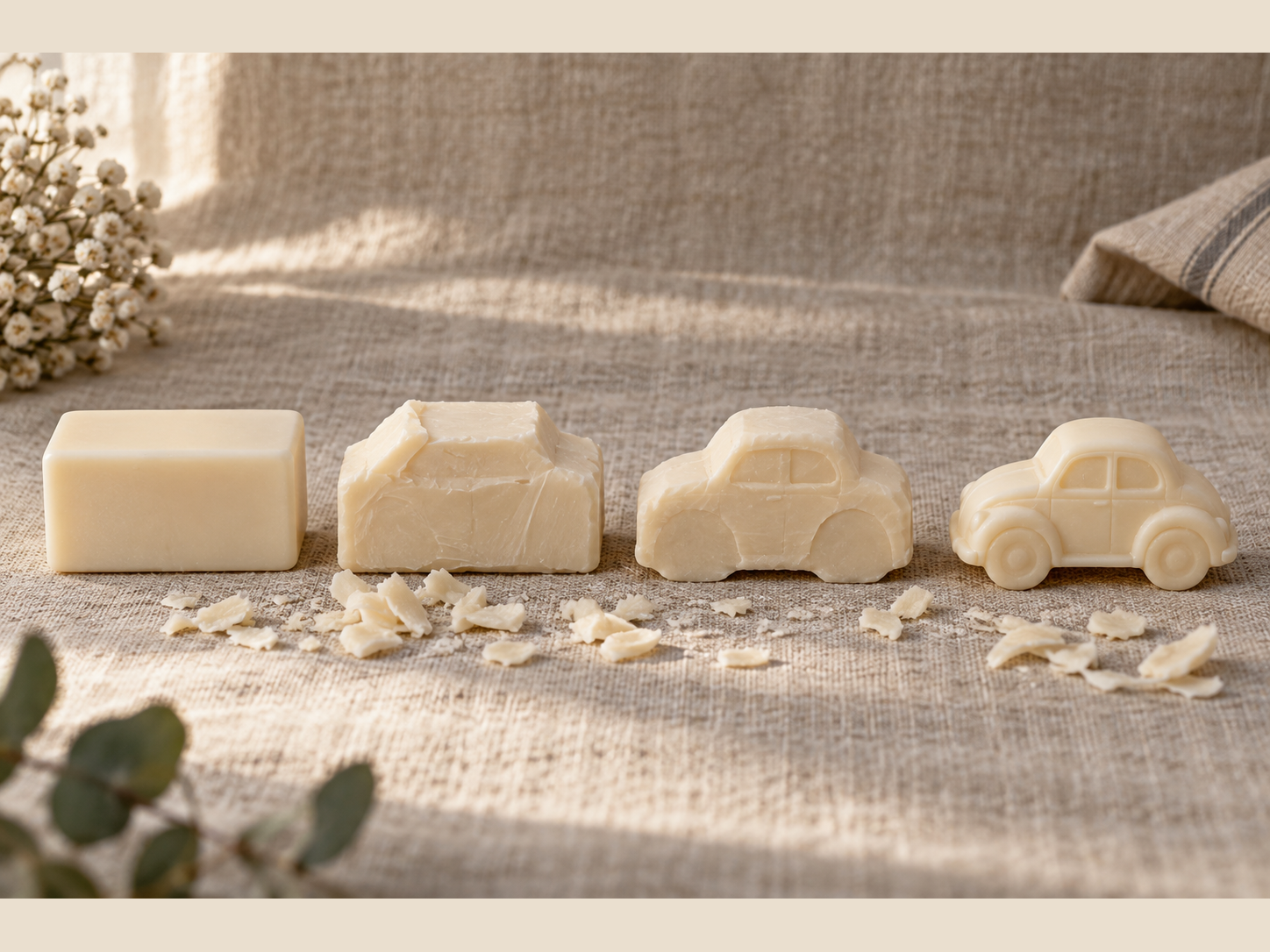 Four stages of a car soap carving: a clean cream bar, a rough car block, a shaped car with roof and wheels, and a finished vintage car.