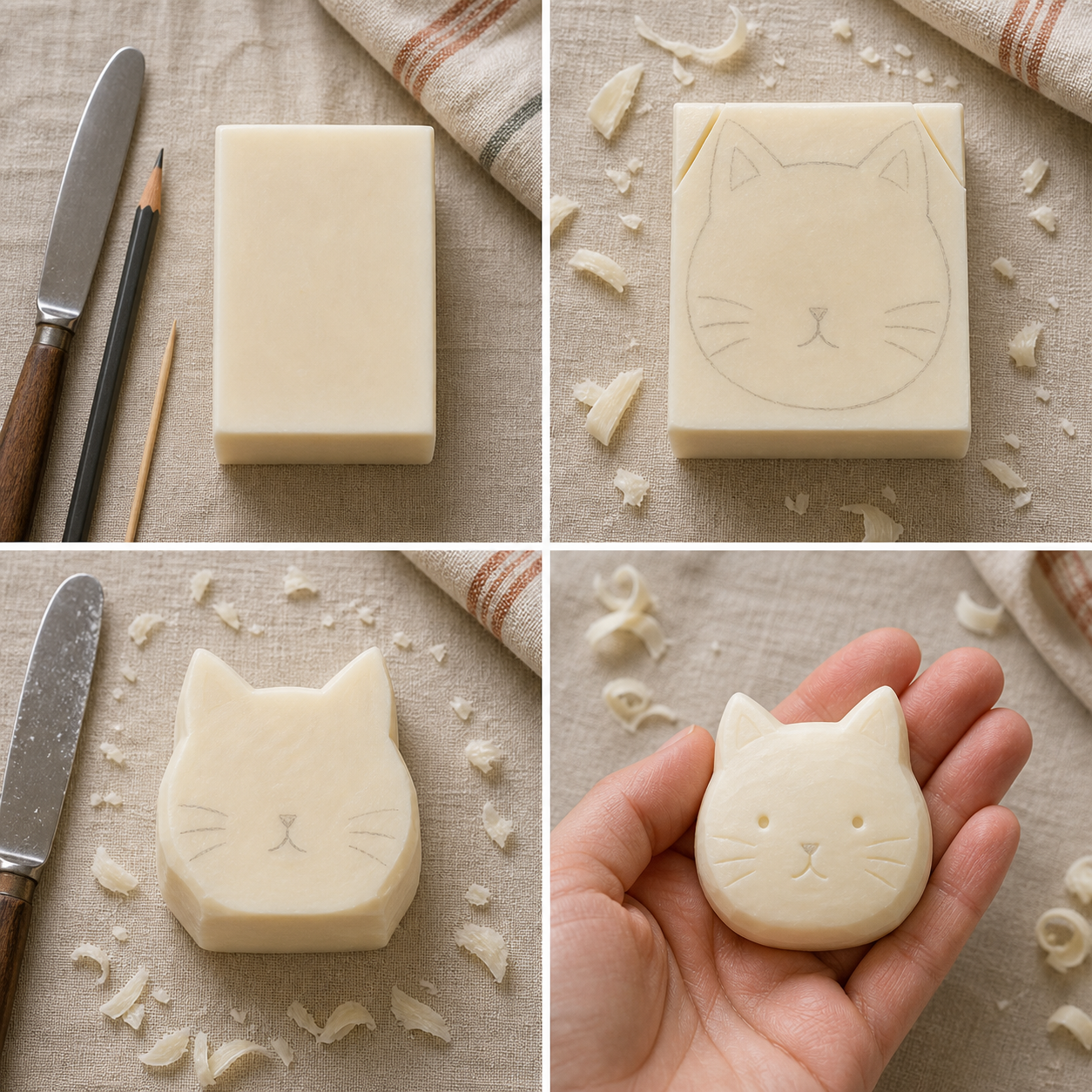 Four photographed stages of carving a soap cat: a plain rectangular bar, a pencil-drawn cat profile, a cut silhouette with pointed ears and tail, and a finished cat with a small face.