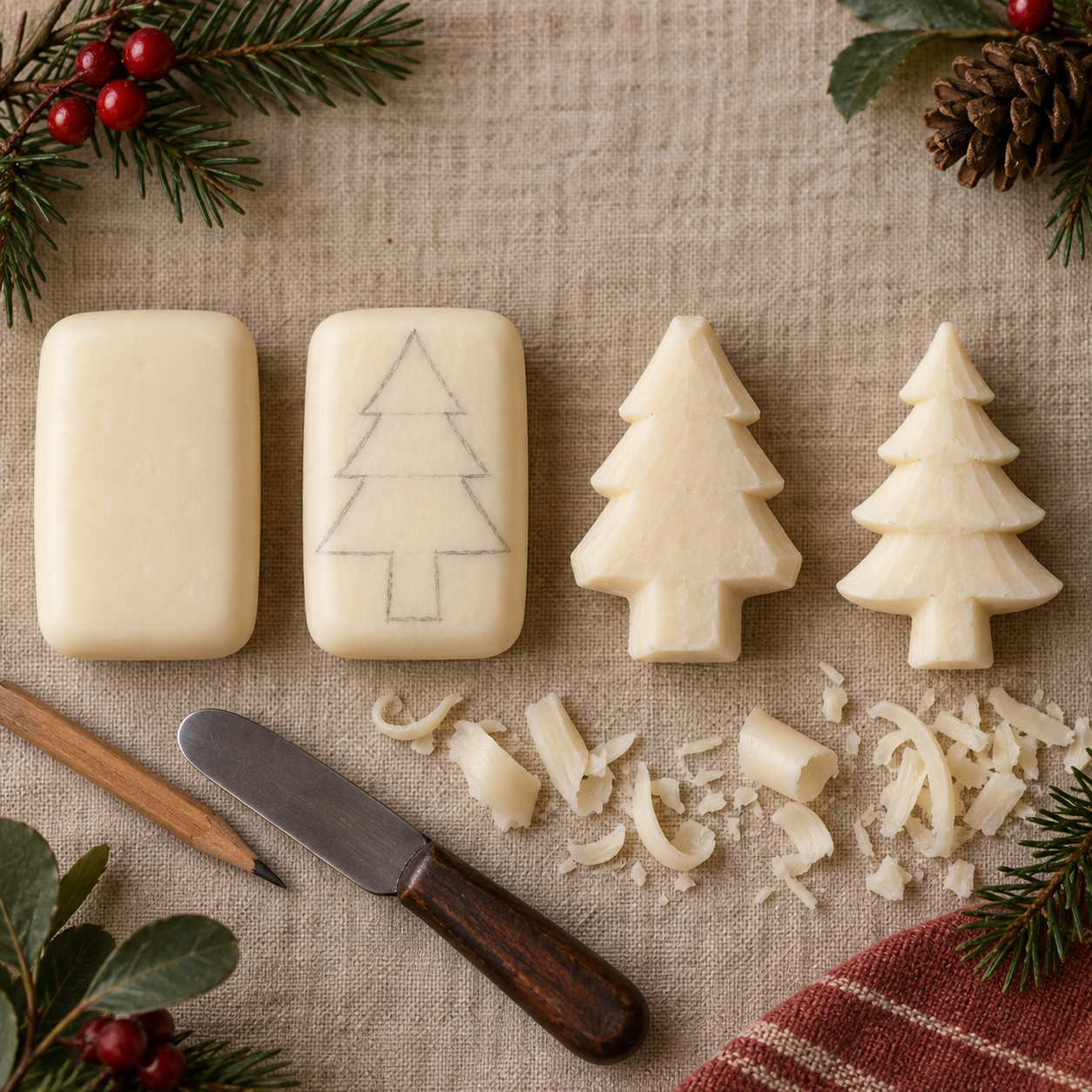 Four stages of carving a layered Christmas tree from a cream bar of soap: a plain bar, a pencilled tiered tree, a blocked silhouette and a finished tree with broad branches and a stable trunk.