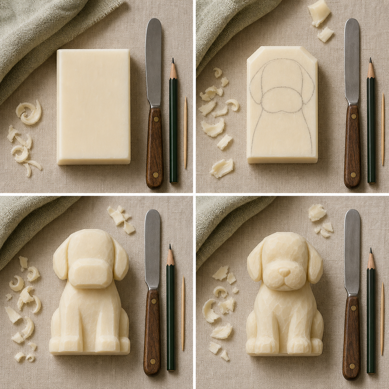 Photographed stages of carving a friendly soap dog: a plain rectangular bar, a pencilled sitting-dog profile, a shaped dog with muzzle and floppy ears, and a finished dog with one eye.