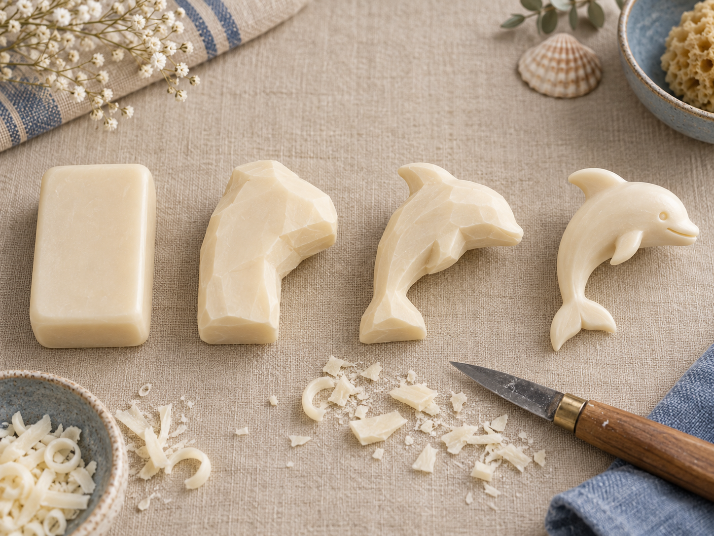 Four stages of a dolphin soap carving: a clean cream bar, a rough dolphin profile, a shaped body with tail and fin, and a finished dolphin with a curved snout.