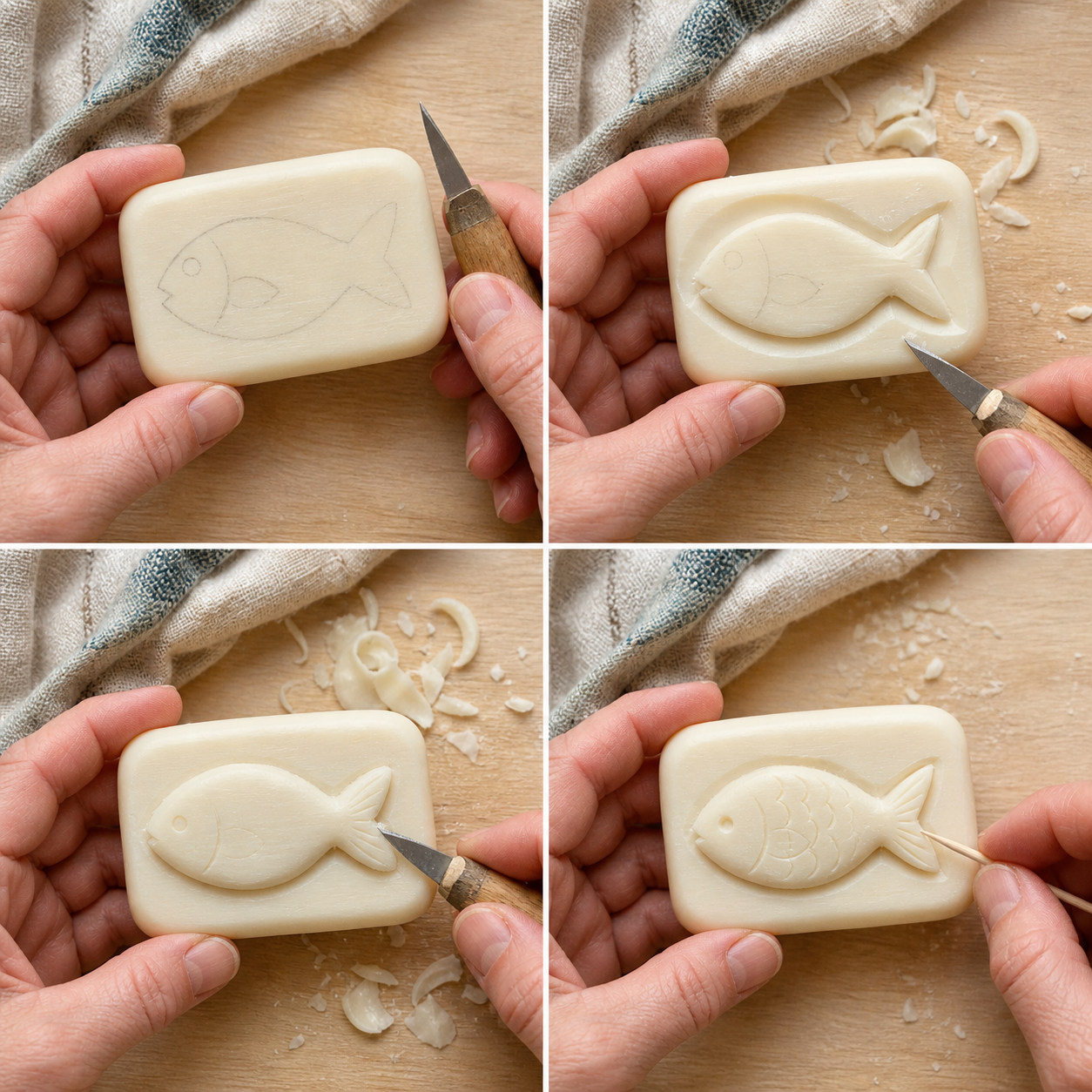 Four photographed stages of carving a soap fish: a plain rectangular bar, a flat side-profile fish, a fish with rounded body volume, and a finished fish with a tail and eye.