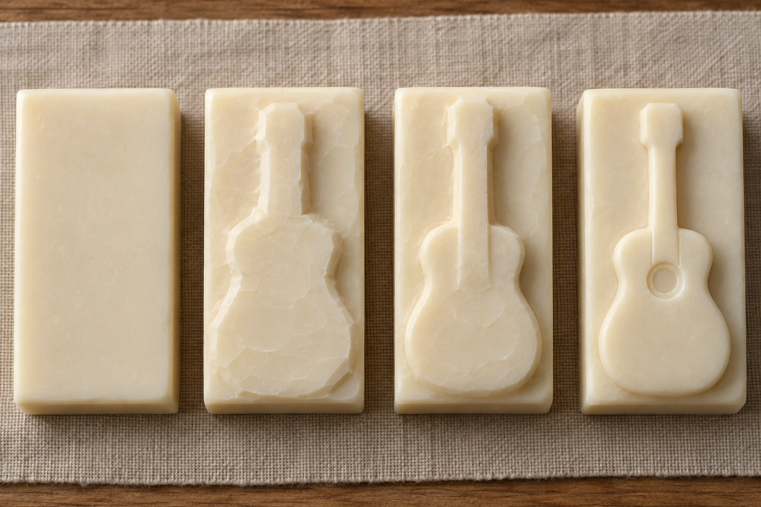 Four stages of a simple guitar soap carving, from a plain bar to a finished low relief with a broad body and supported neck.