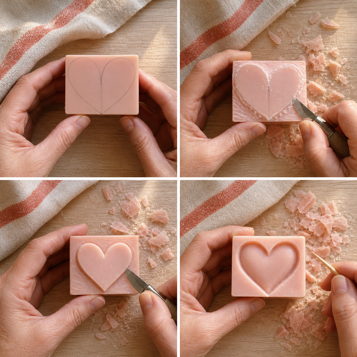 Four-panel heart carving process: pencil curves drawn on a soap bar, the outside cut away, the bottom point shaped, and the finished edges softened.