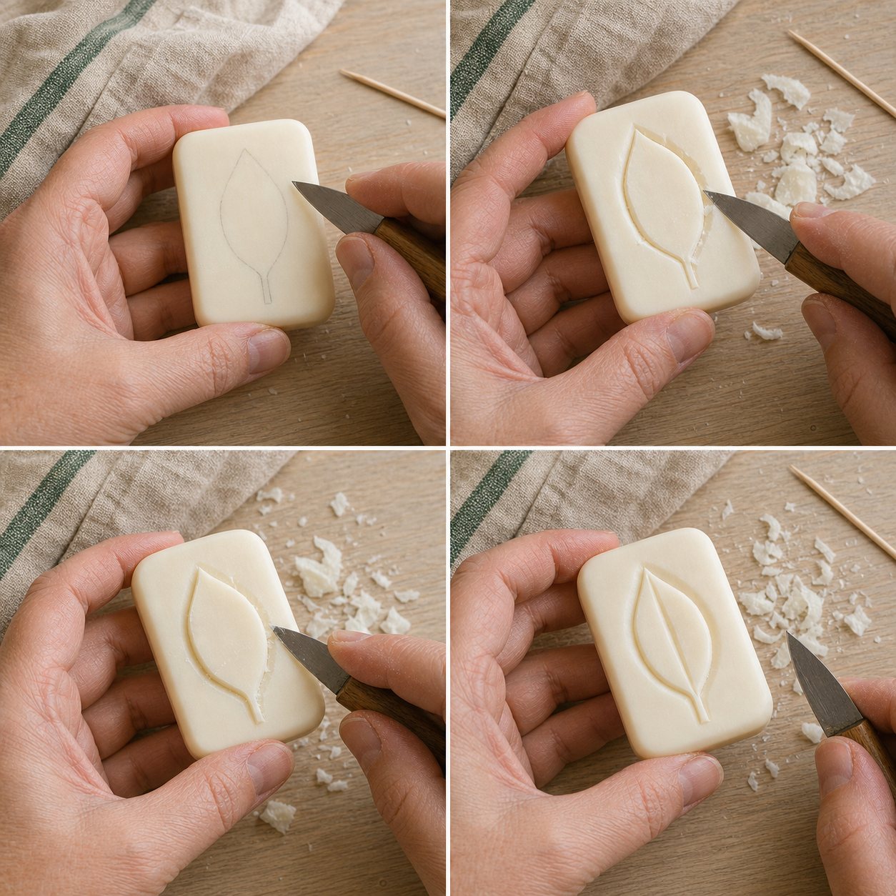 Four stages of carving a pale soap bar into a simple green leaf, ending with a scored center vein.