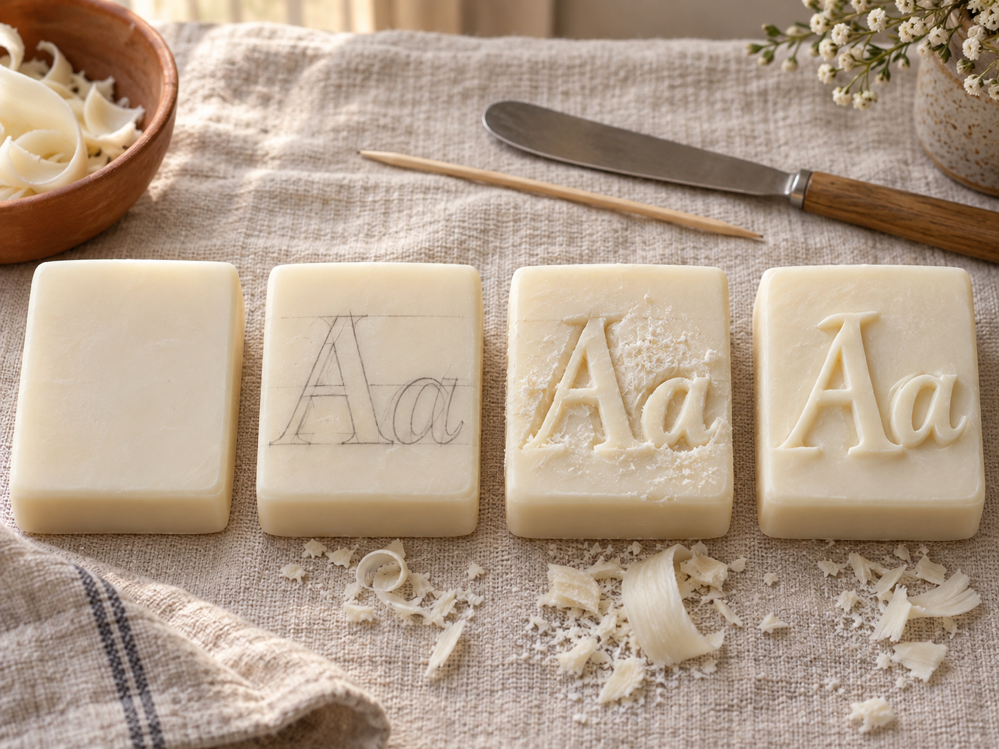 Four stages of carving letters into soap: a clean ivory bar, a bar with pencil letter guides, shallow carved letters and a finished connected monogram.