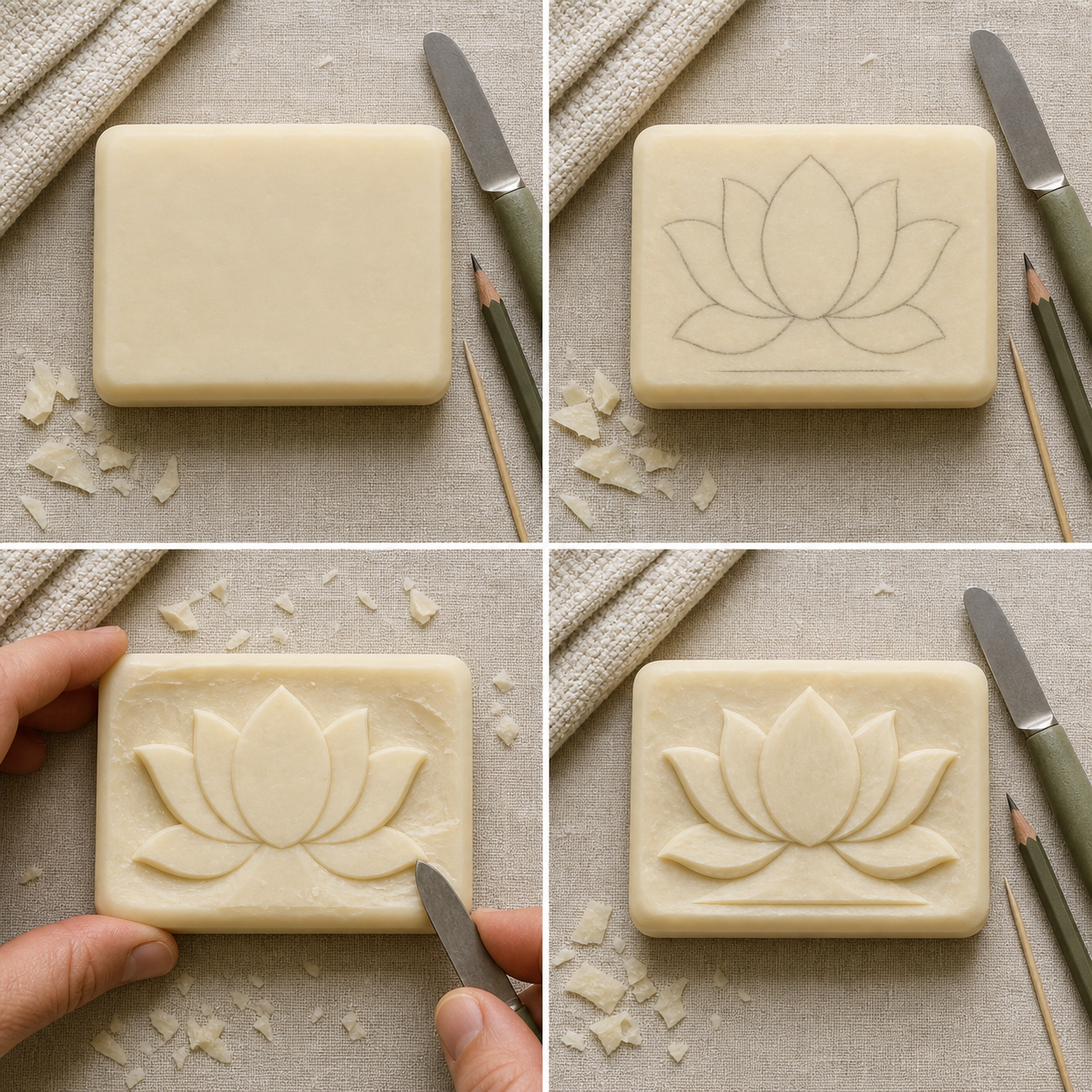 Four photographed stages of soap lotus carving: a plain bar, a pencil-mapped lotus, raised petals with the background removed, and a finished shallow lotus relief.