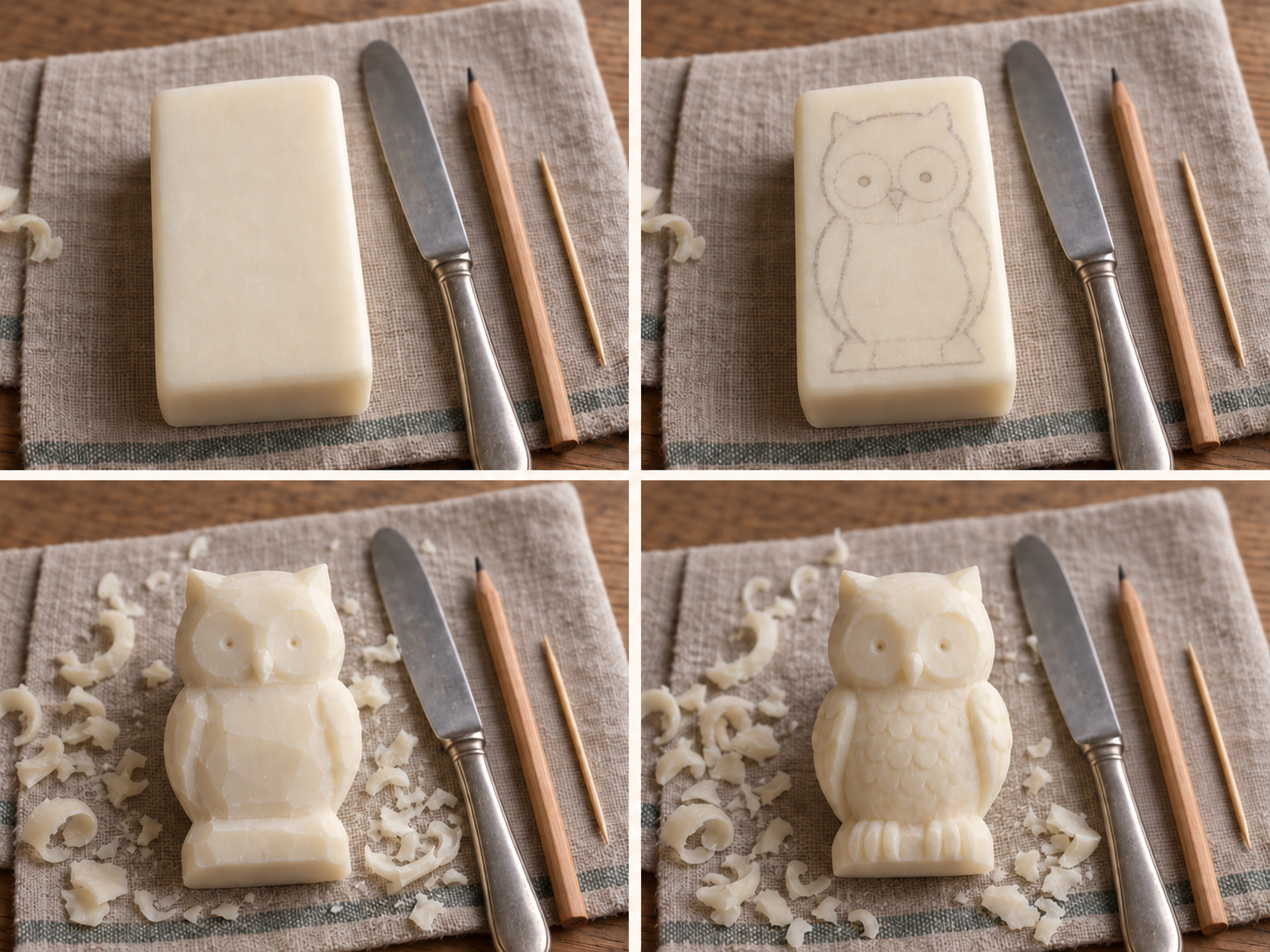 Four photographed stages of an owl soap carving: a clean creamy bar with a rounded knife, pencil, and toothpick; a front-facing owl sketch; a broad blocked owl with a stable base and shallow eye points; and a finished owl with gentle feather rhythm.