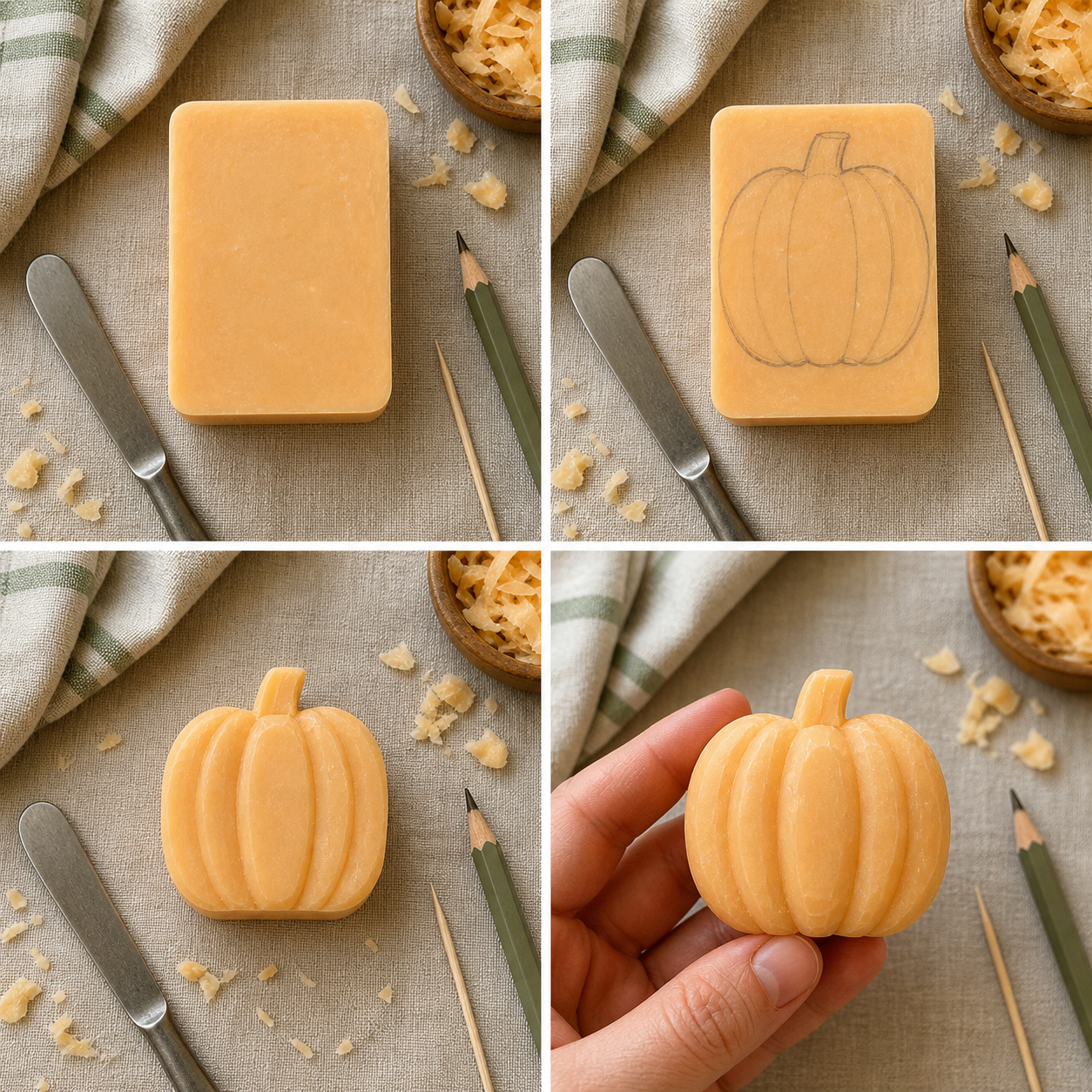Four photographed stages of pumpkin soap carving: a plain bar, a rounded pumpkin body, carved ribs and a stem, and a finished Halloween pumpkin.