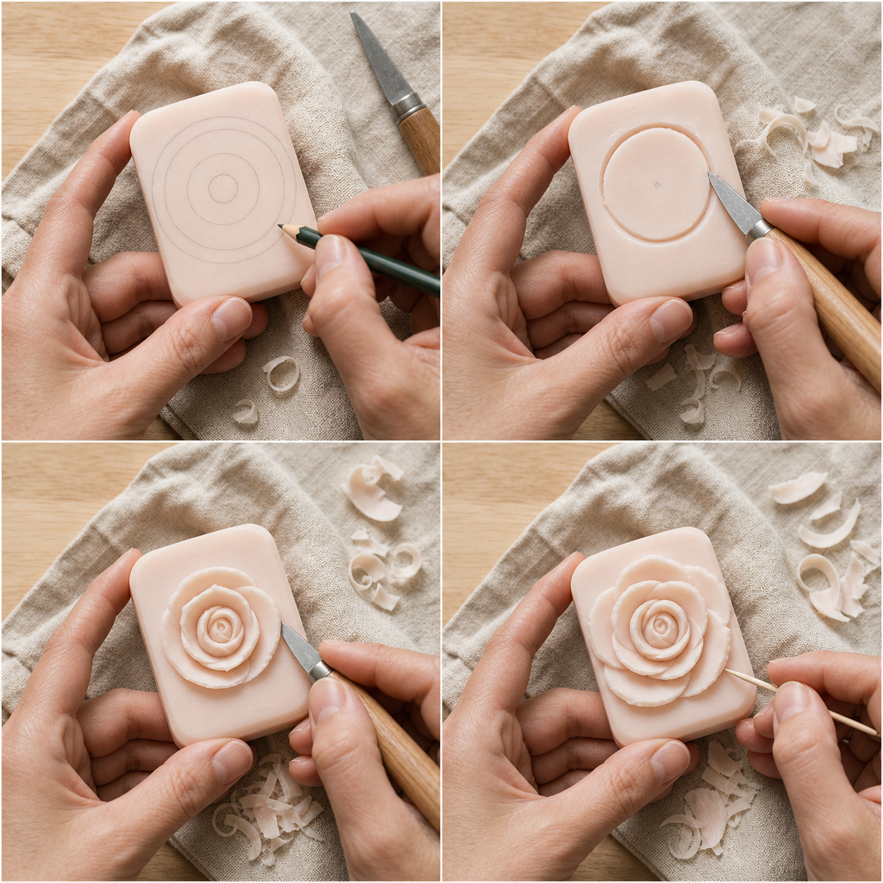 Four photographed stages of carving a soap rose: a center mark, a first ring, a second ring, and a shaped petal edge.