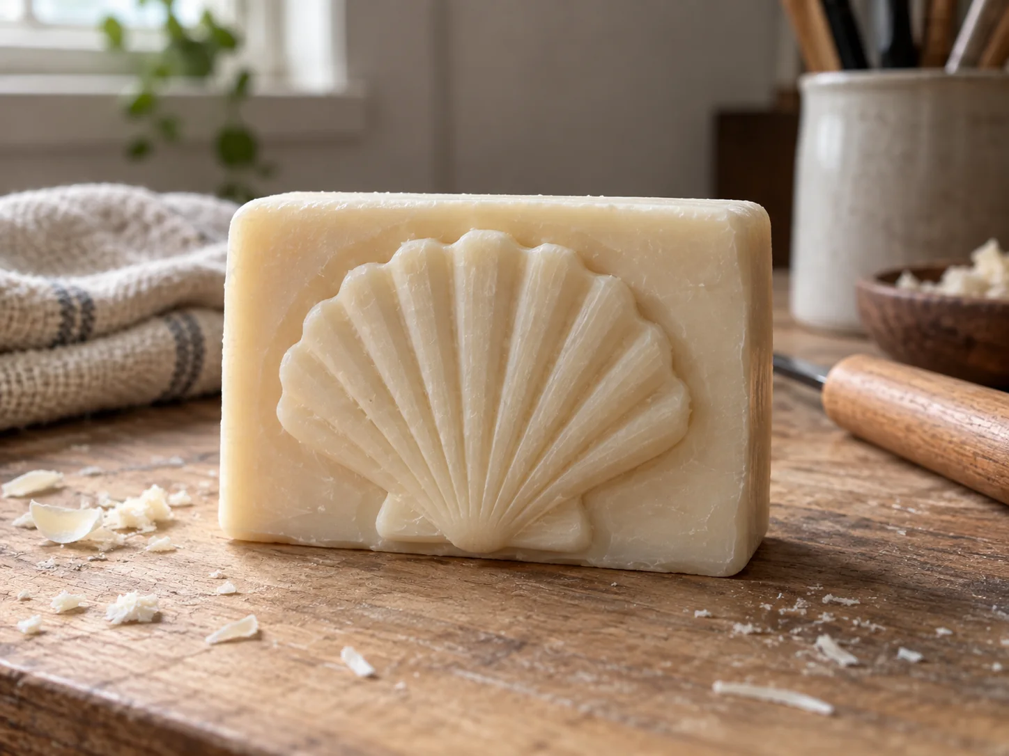 A broad fan-shaped seashell relief carved into an ivory soap bar, with a scalloped edge and shallow grooves.