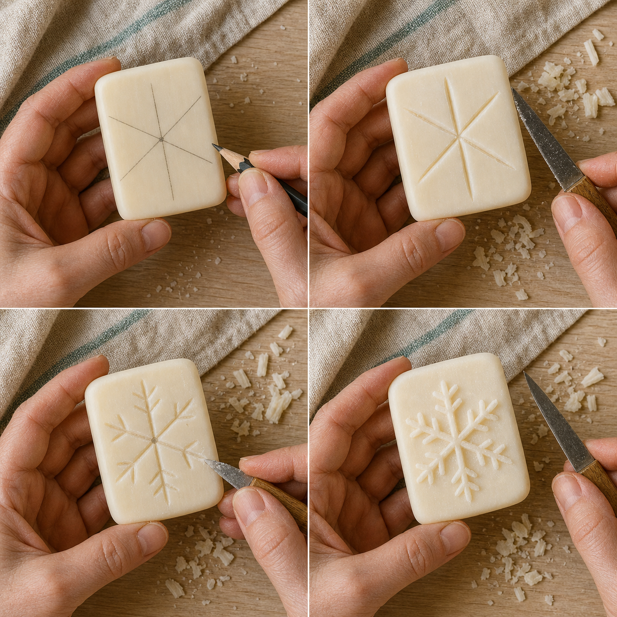 Four photographed stages of carving a soap snowflake: mark the center, draw six spokes, add paired branch cuts, and finish with a clean raised relief.