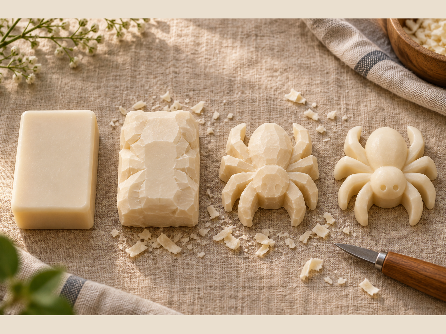 Four stages of a spider soap carving: a clean cream bar, a rough block, a shaped spider with broad legs, and a finished spider.