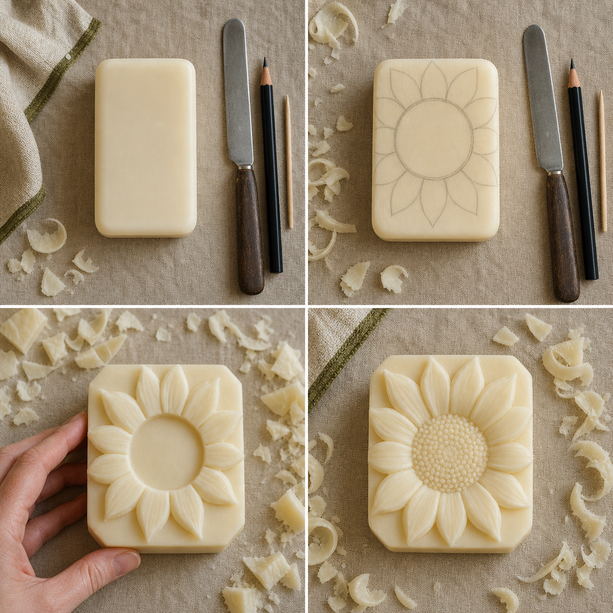 Four photographed stages of carving a graphic sunflower from a plain soap bar: a bar with a pencil map, a raised flower outline, defined petals and center, and a finished sunflower relief.