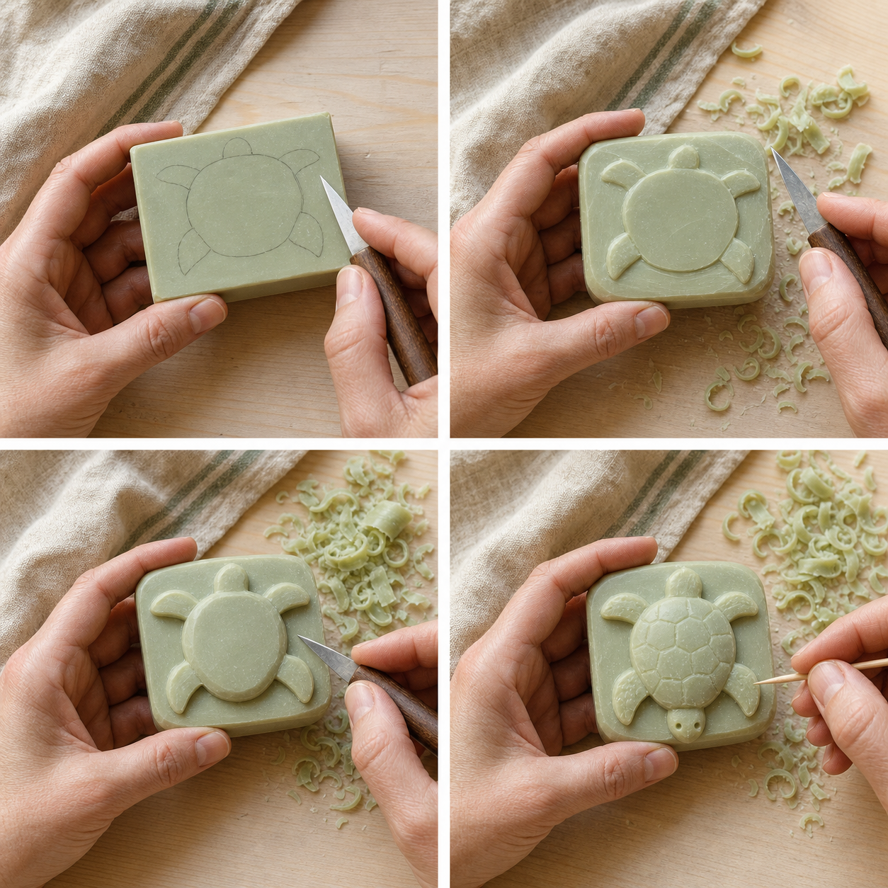 Four photographed stages of carving a pale soap bar into a friendly turtle: a rounded bar, a low shell body, four flippers, and a finished shell grid.