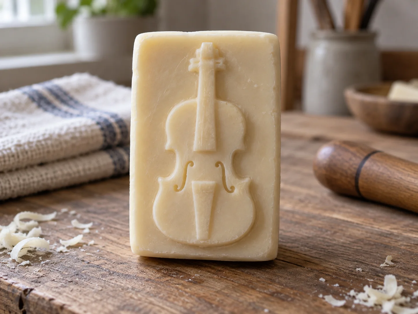 A stylized violin relief carved into an ivory soap bar, with a broad body, attached neck and shallow f-shaped marks.