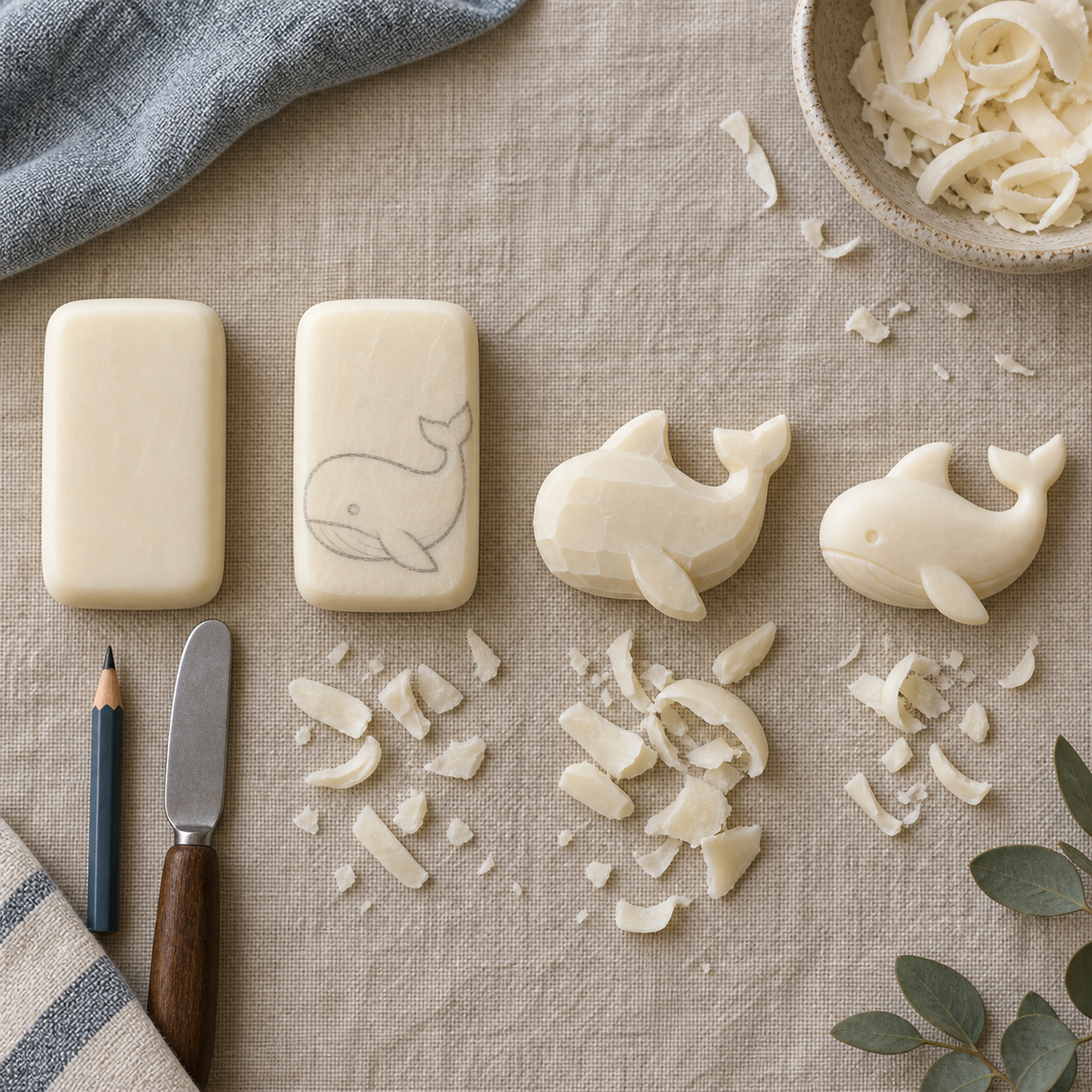 Four stages of carving a small whale from a cream bar of soap: a plain bar, a pencilled whale profile, a broad blocked shape and a finished whale with connected tail and fin.