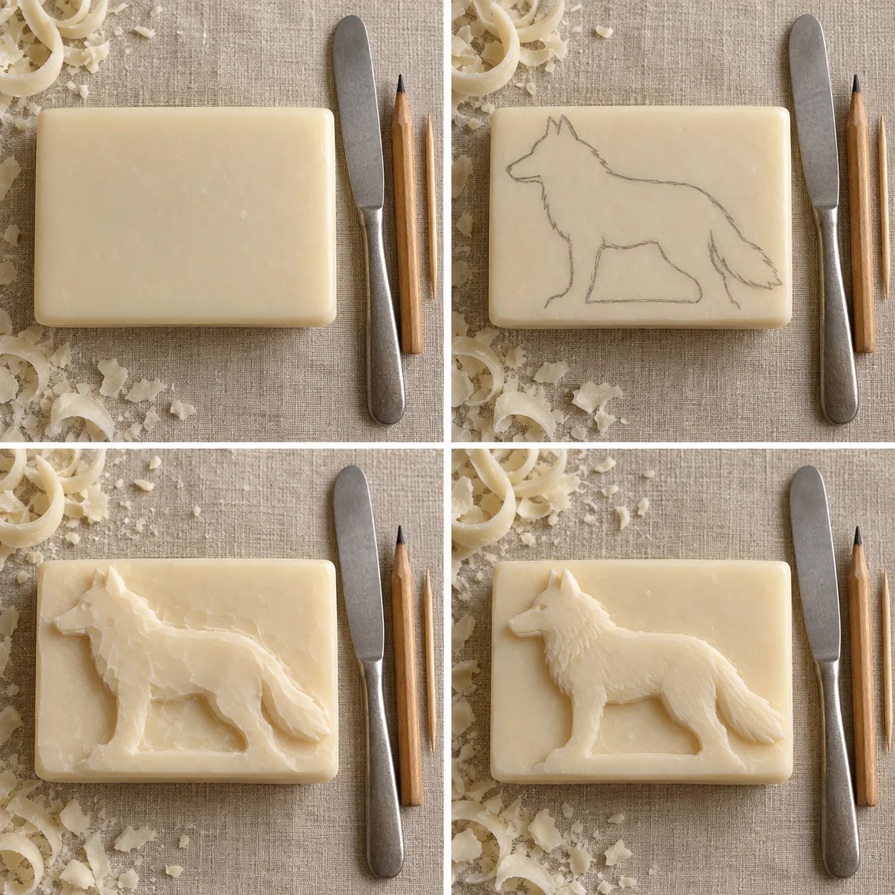 Four photographic stages of carving a standing wolf profile into an ivory soap bar: a plain bar, a pencil outline, a shaped relief and a finished wolf.