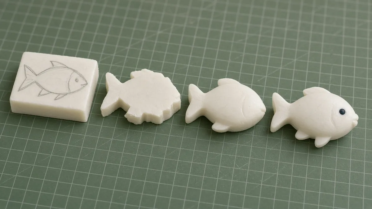 Four soap fish stages from flat outline to rounded finished carving