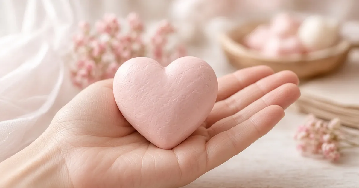 Finished soap heart carving resting in an open palm