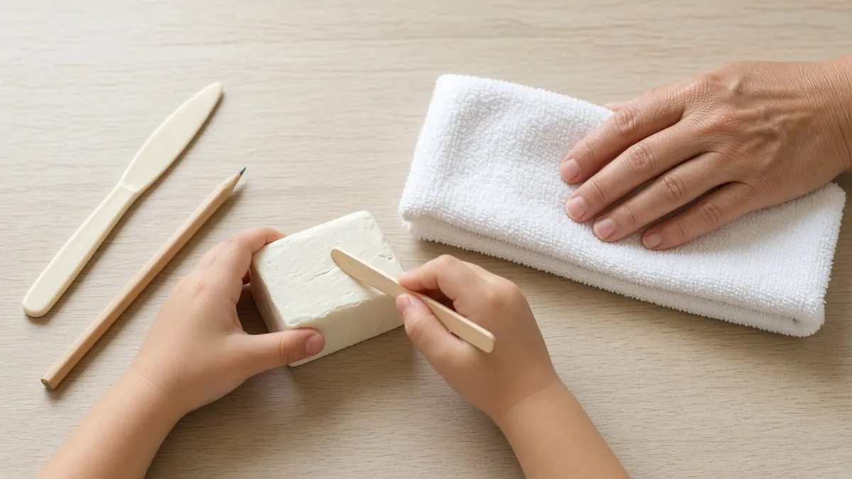 A child's hands shaping a bar of soap with a wooden modeling tool, an adult's hand steadying the towel
