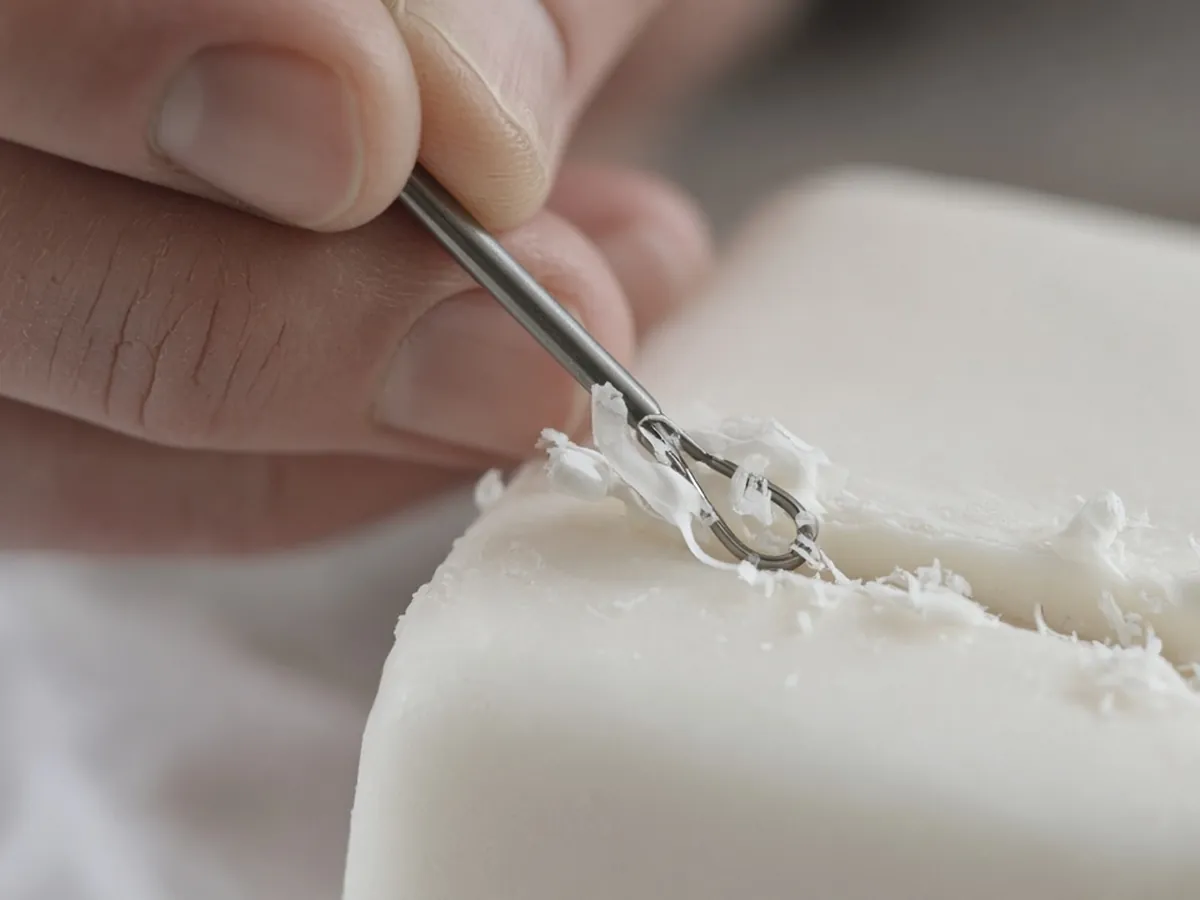 Close-up of a hand using a small loop tool to scoop a shallow curve in a soap bar