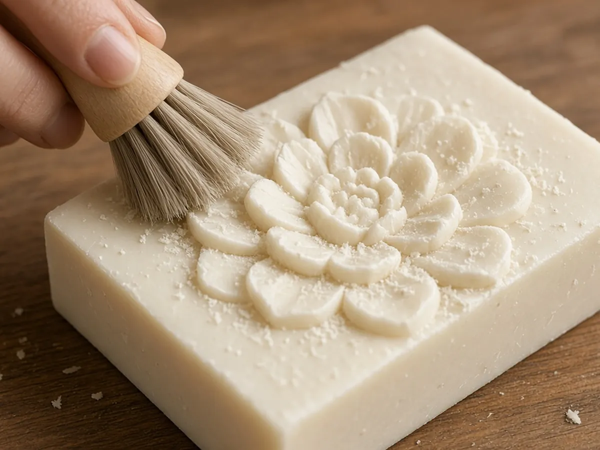 Finished low-relief soap carving of a flower being brushed clean with a soft dry brush on a wooden table