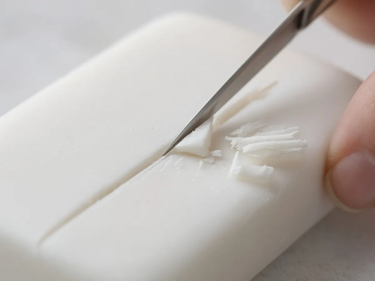 Close-up of a carving knife making a straight stop cut along a pencil line in a white soap bar, small curls of soap nearby