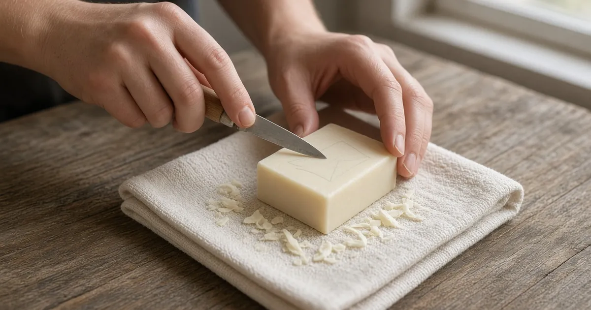 Hands holding a small carving knife at a low angle above a pale bar of soap with a pencil outline on a folded towel