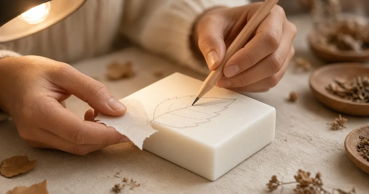 Hands tracing a leaf outline onto a soap bar from a paper template
