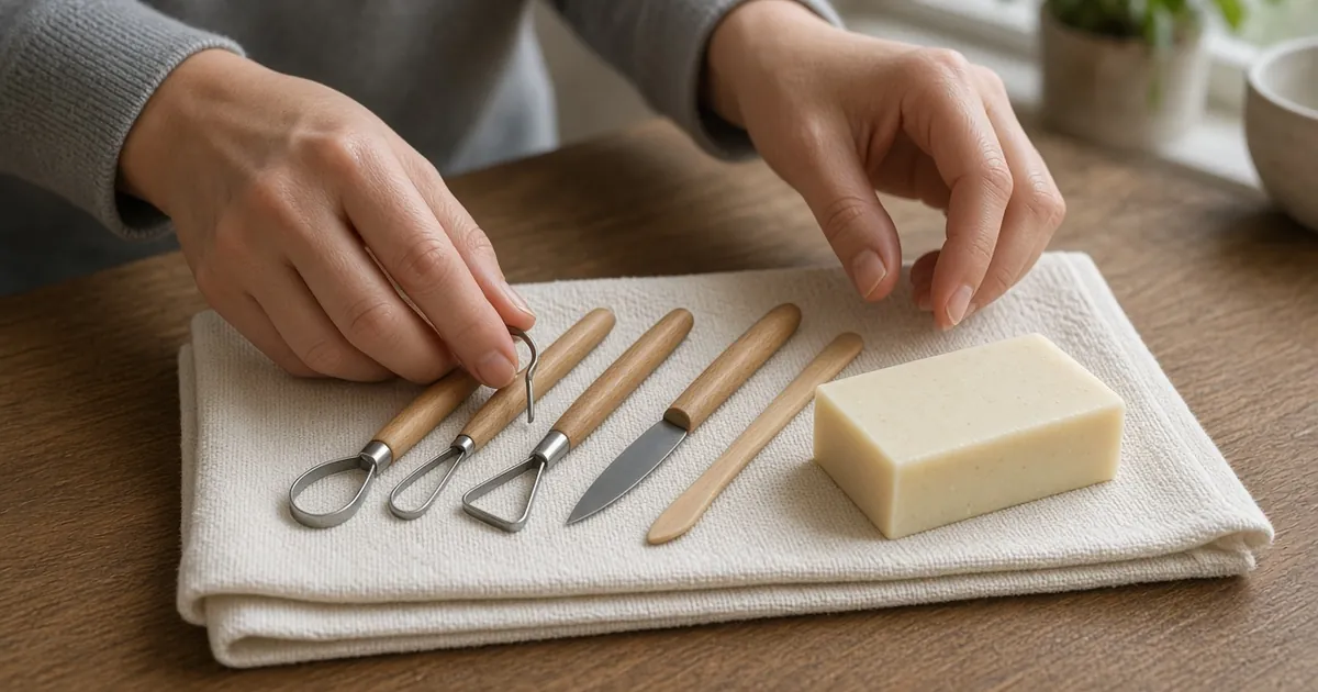Hands laying out a small set of plain carving tools beside a pale bar of soap on a towel