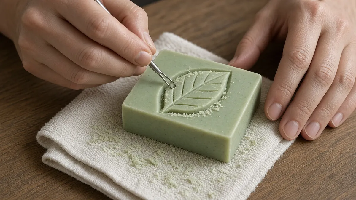 Hands lowering the background around a raised leaf shape in a bar of soap with a small loop tool